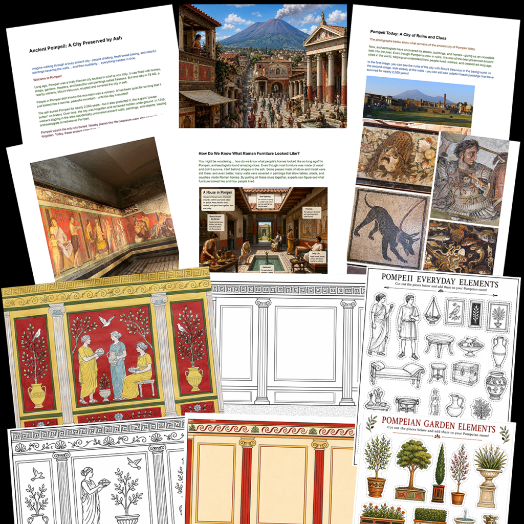 Preview collage of the Pompeii art lesson showing illustrated history pages, photographs of ancient frescoes and mosaics, printable fresco templates, cut-and-create project pages, and examples of completed student artwork inspired by the art of ancient Pompeii.