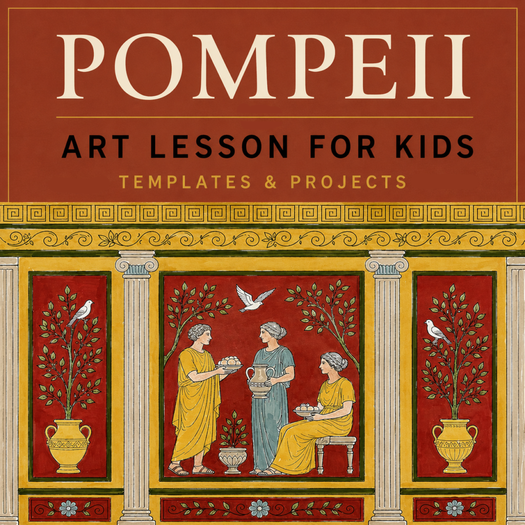 Cover of a printable Pompeii art history lesson for kids featuring a reconstructed Roman fresco inspired by the ancient city of Pompeii. The lesson includes art history, printable templates, and hands-on fresco-inspired art projects exploring Roman life, mosaics, and fresco painting.