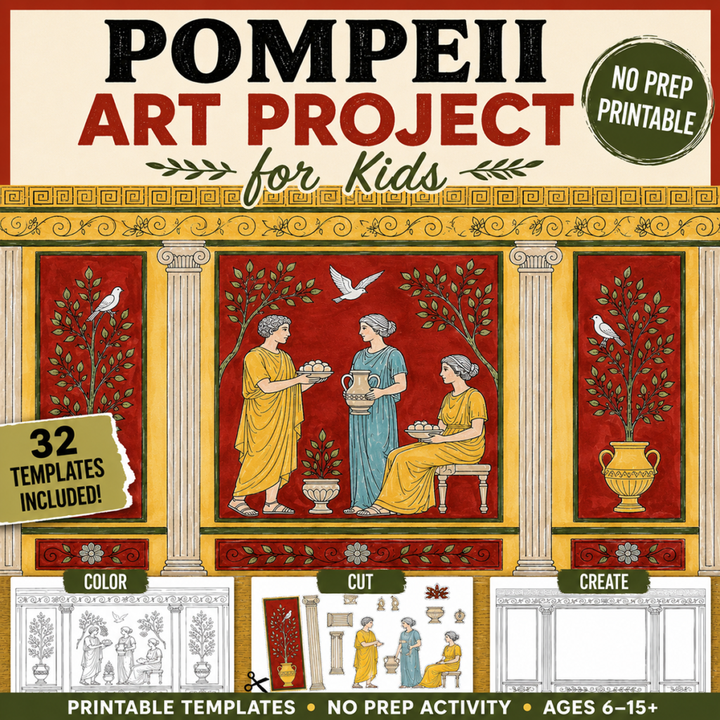 Printable Pompeii fresco art project featuring a Roman wall painting inspired by the ancient city of Pompeii. This hands-on art activity includes 32 printable templates that allow students to color, cut, and assemble their own Roman-style fresco while learning about ancient Roman art and architecture.