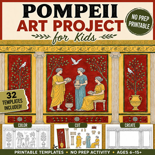 Pompeii art project for kids cover featuring printable fresco templates inspired by ancient Roman wall paintings and Mount Vesuvius.
