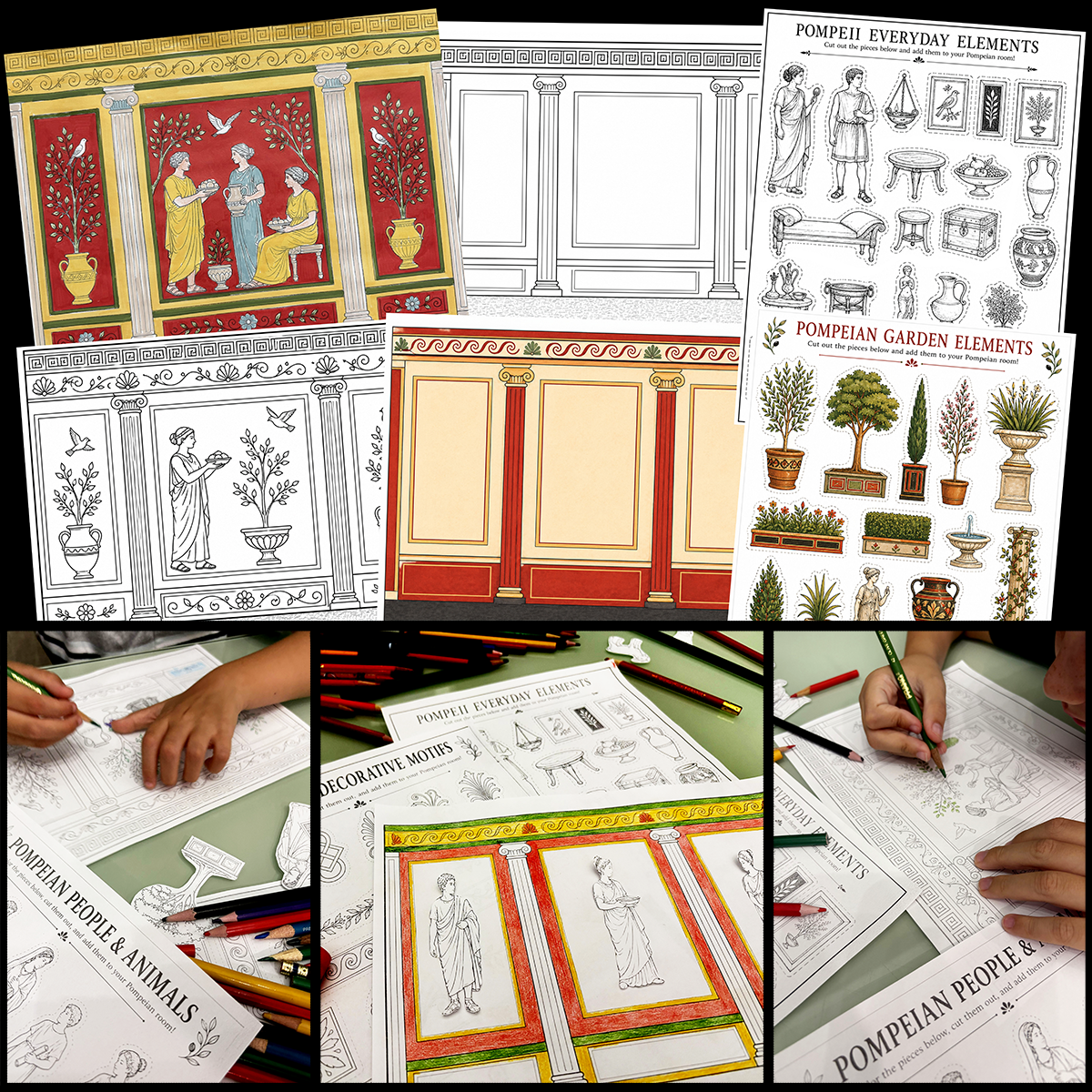 Preview of the Pompeii Fresco Art Project showing printable Roman wall templates, blank room layouts, decorative architectural elements, people, plants, animals, and classroom photos of students coloring, cutting, and creating their own Pompeii-inspired fresco scenes.