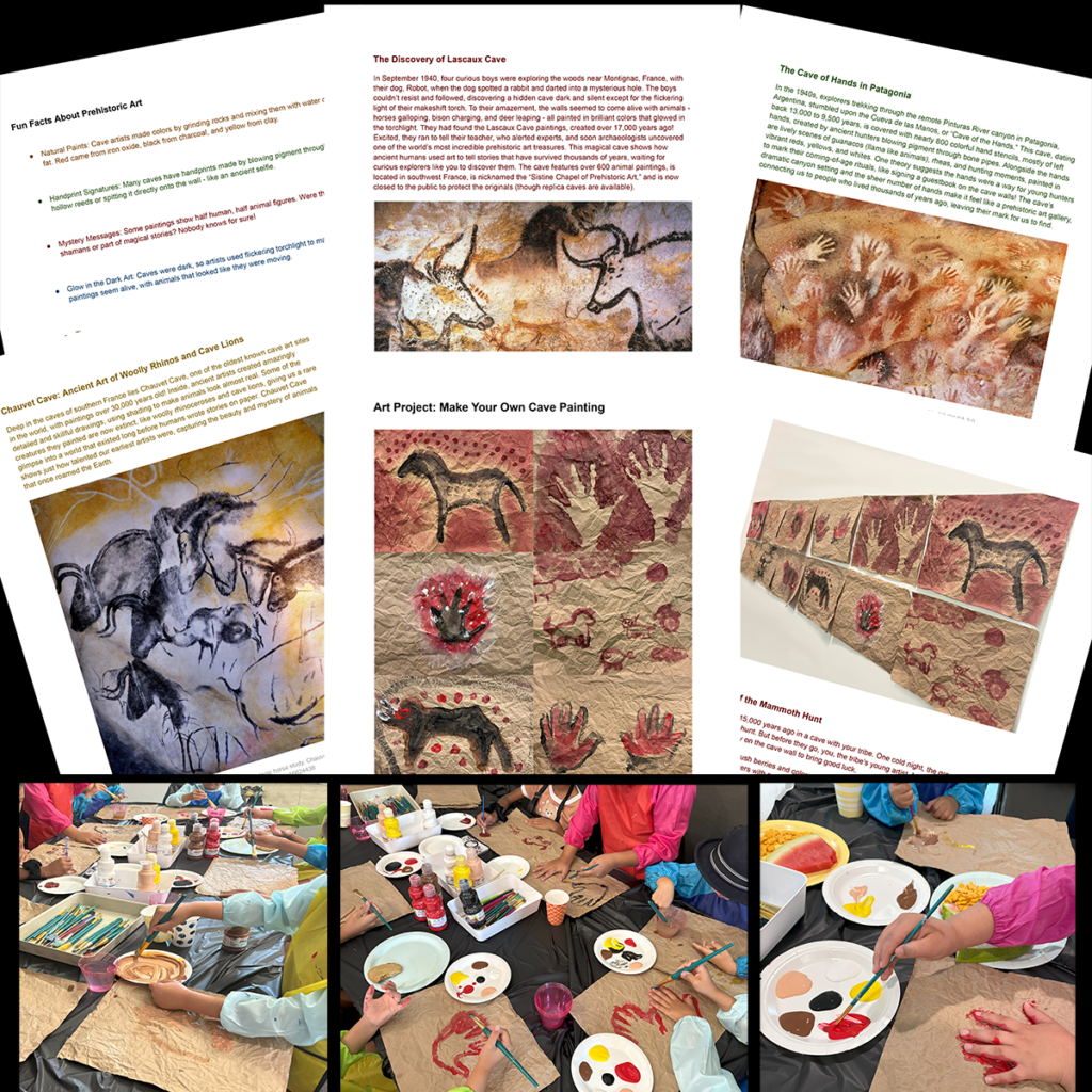 Preview pages from a prehistoric art lesson showing Lascaux Cave, Cave of Hands, Stone Age history, student cave painting examples, and hands-on classroom art activities.