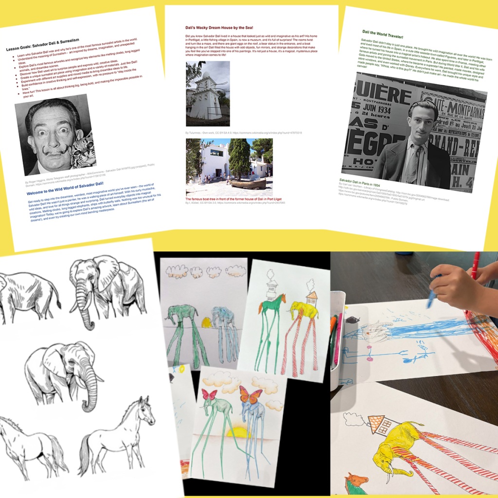 Preview of a Salvador Dalí art history lesson featuring biography pages, Surrealism activities, printable elephant and horse templates, student dreamscape artwork, and children creating imaginative Dalí-inspired surreal landscapes.