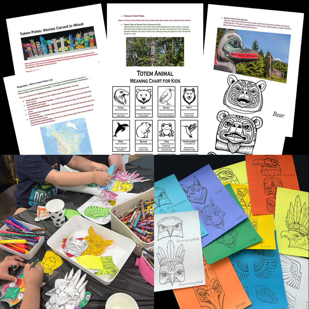 Collage showcasing a printable Totem Pole art history lesson for kids, including presentation slides about Native American and First Nations totem poles, an animal meaning chart, printable animal templates, students creating artwork, and completed colorful totem pole projects. Inspired by Indigenous Northwest Coast art traditions.