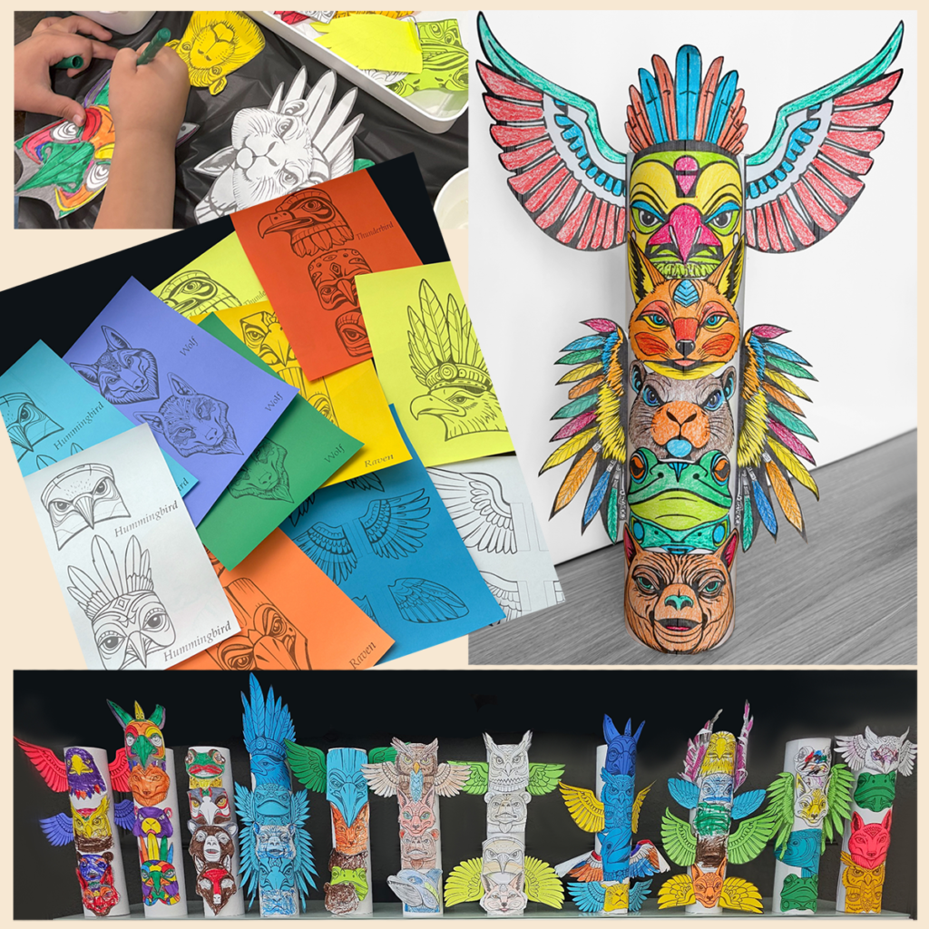 Preview collage of a printable Totem Pole art project featuring completed student totem poles, black-and-white animal templates, printable wings, colorful paper options, and children assembling vibrant totem poles inspired by Native American and First Nations traditions.