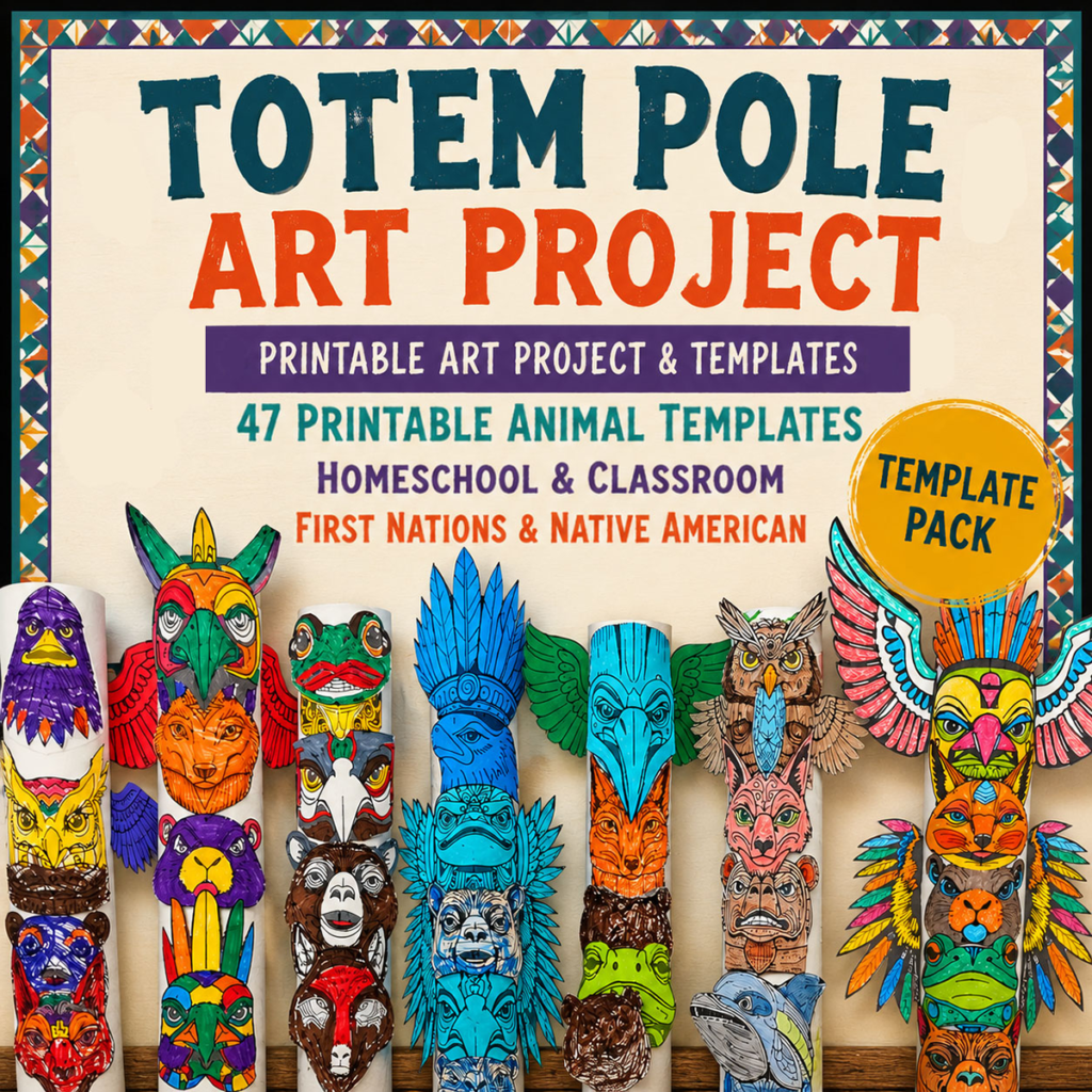 Cover of a printable Totem Pole art project for kids featuring colorful animal totem pole examples. The project includes 47 printable animal templates and guides students in designing a personalized totem pole inspired by Native American and First Nations symbolism.