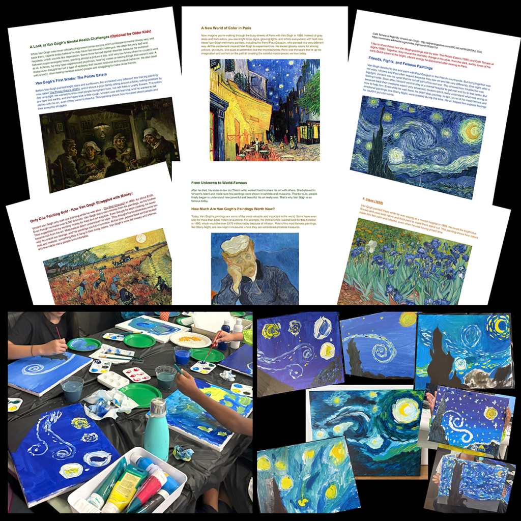 Preview of the Van Gogh art history lesson showing printable lesson pages, classroom painting photos, and student Starry Night artwork inspired by Vincent van Gogh.