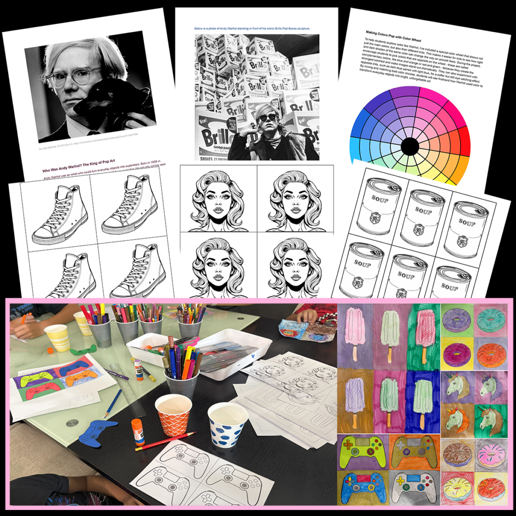 Preview of the Andy Warhol art history lesson showing biography pages, Pop Art information, color theory, printable project templates, classroom photos, and examples of completed student artwork.