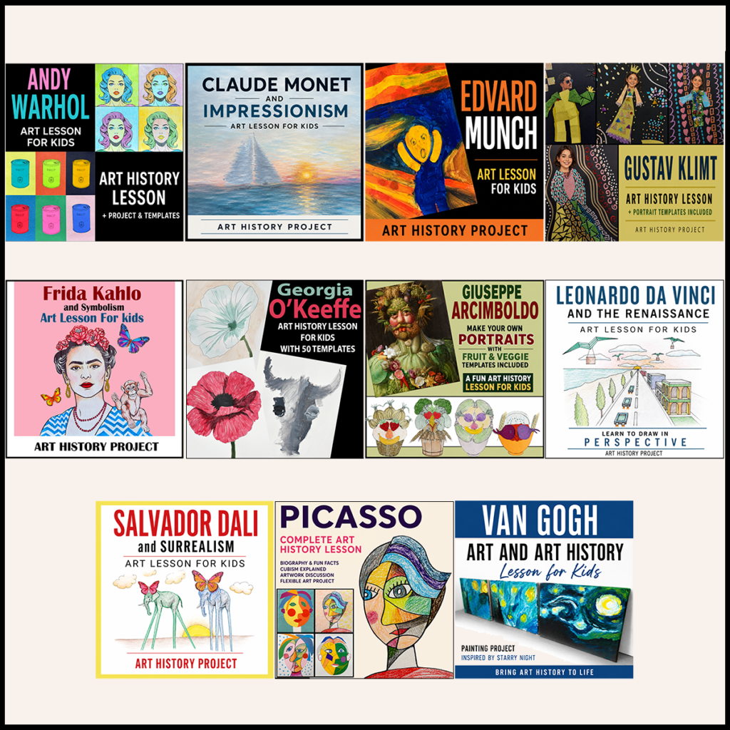 Preview pages from the Famous Artists Art History Bundle showing biographies, art history lessons, printable templates, discussion pages, and hands-on art projects for children.