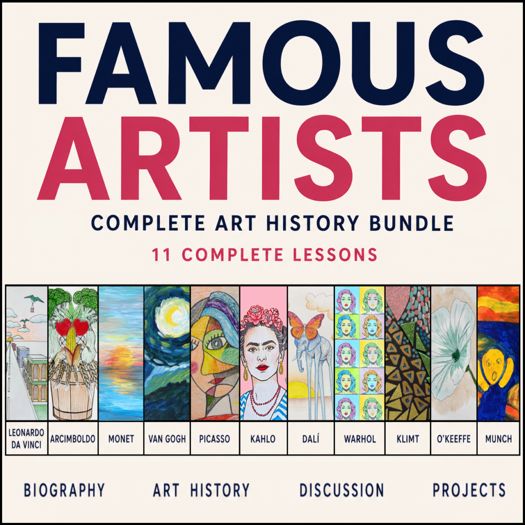Famous Artists Art History Bundle for Kids featuring 11 complete printable art lessons on Leonardo da Vinci, Arcimboldo, Monet, Van Gogh, Munch, Klimt, Picasso, O'Keeffe, Kahlo, Dalí, and Warhol.