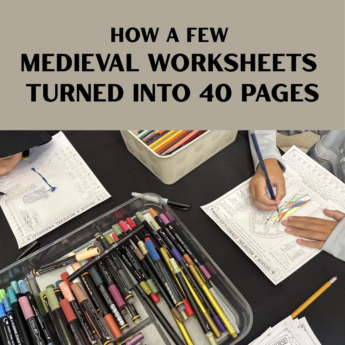 Children working on Medieval art worksheets with markers and colored pencils, featuring gargoyle and stained glass projects during early classroom testing.