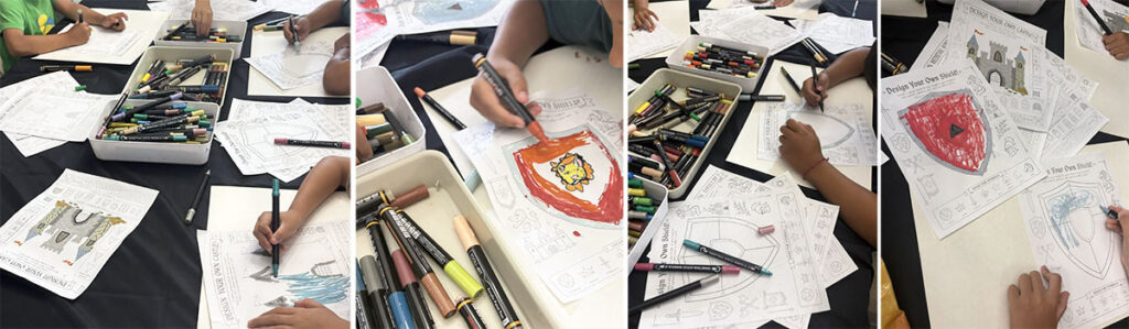 Children testing early versions of Medieval art projects in an art class, drawing and coloring castles, heraldic shields, knights, and other Medieval-inspired designs.