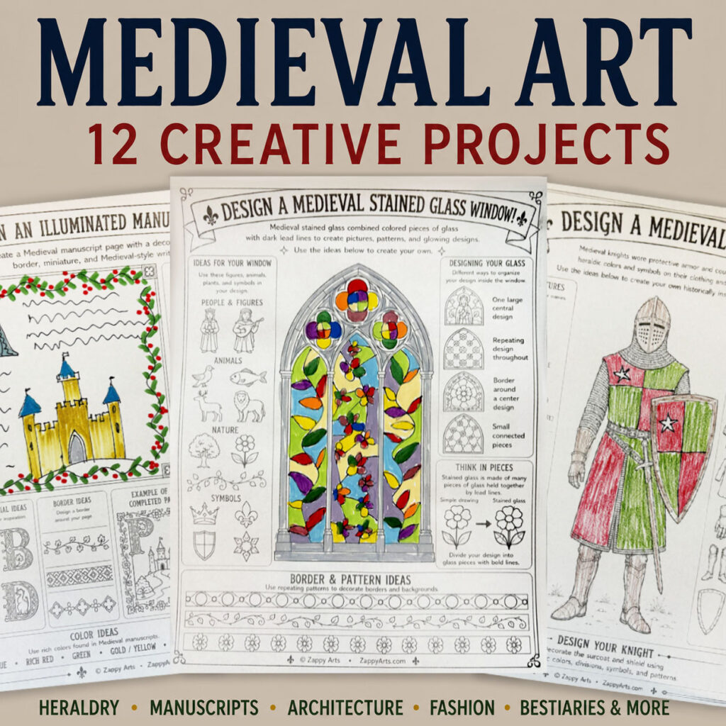 Medieval Art History Projects printable featuring stained glass, illuminated manuscript, and Medieval knight activities