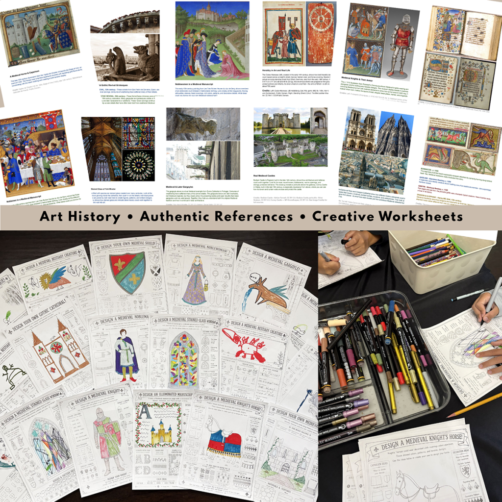 Medieval Art History Projects preview showing authentic historical references, 12 creative worksheets, completed student artwork, and children creating Medieval art