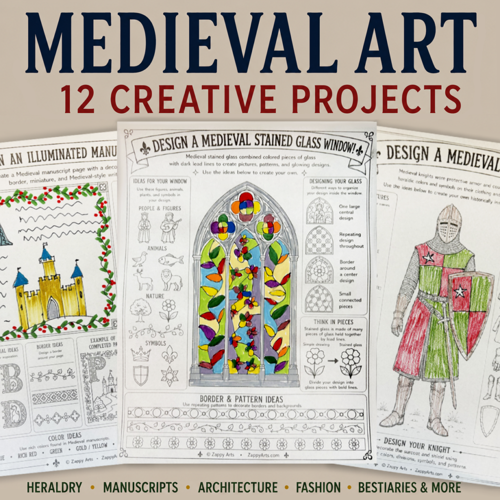Medieval Art History Projects printable featuring stained glass, illuminated manuscript, and Medieval knight activities