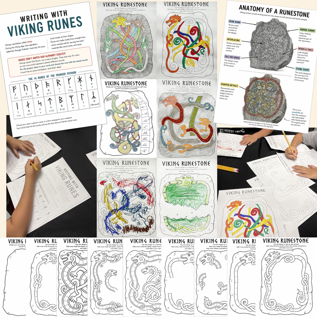 Viking Runestone printable art templates, rune guide and finished project examples