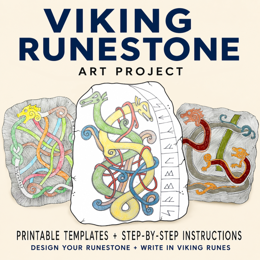 Viking Runestone Art Project with printable templates and Viking rune-writing activity