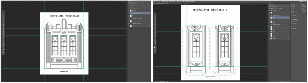 Art Deco building templates being designed and aligned in Photoshop, showing the front façade and matching side walls for the second level.