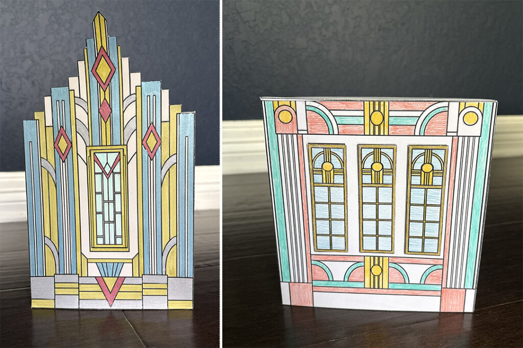 Side-by-side examples of an Art Deco building with a dramatic stepped roofline and a simplified flat-top version.
