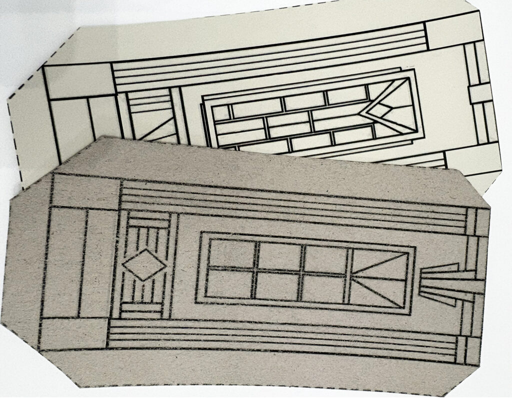 Art Deco building pieces printed on smooth and textured cardstock, showing the difference in print quality between the two paper surfaces.