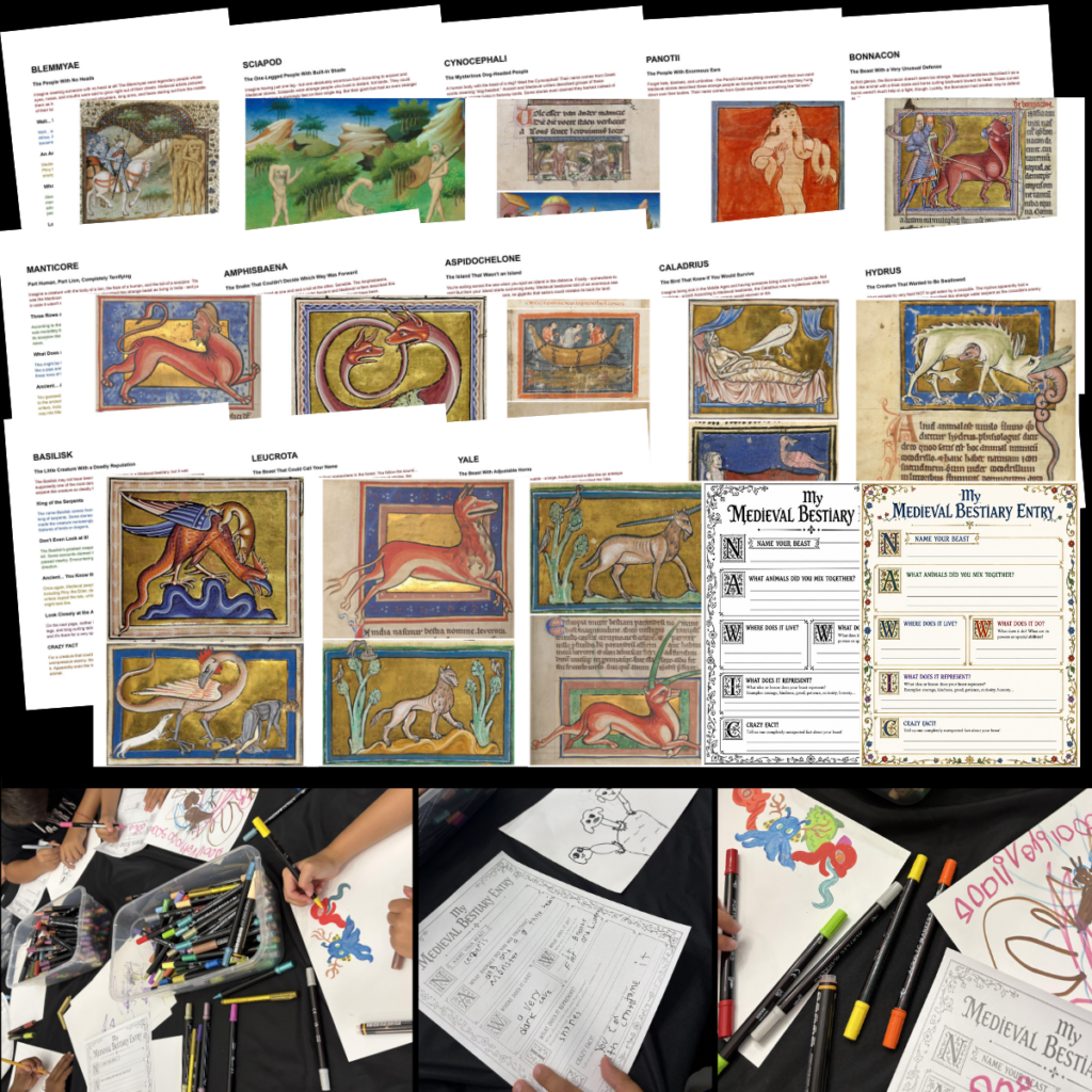 Medieval Bestiary Art History Lesson preview showing authentic Medieval beast artwork, printable bestiary entry worksheets, and students creating their own fantastic beasts.