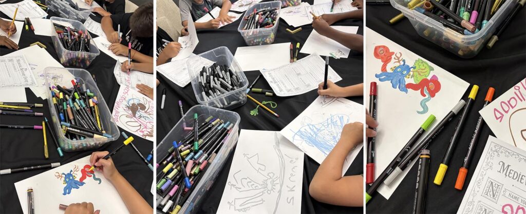 Children creating their own imaginative Medieval beasts with markers during a Medieval Bestiary art lesson, with printable bestiary entry worksheets on the tables.