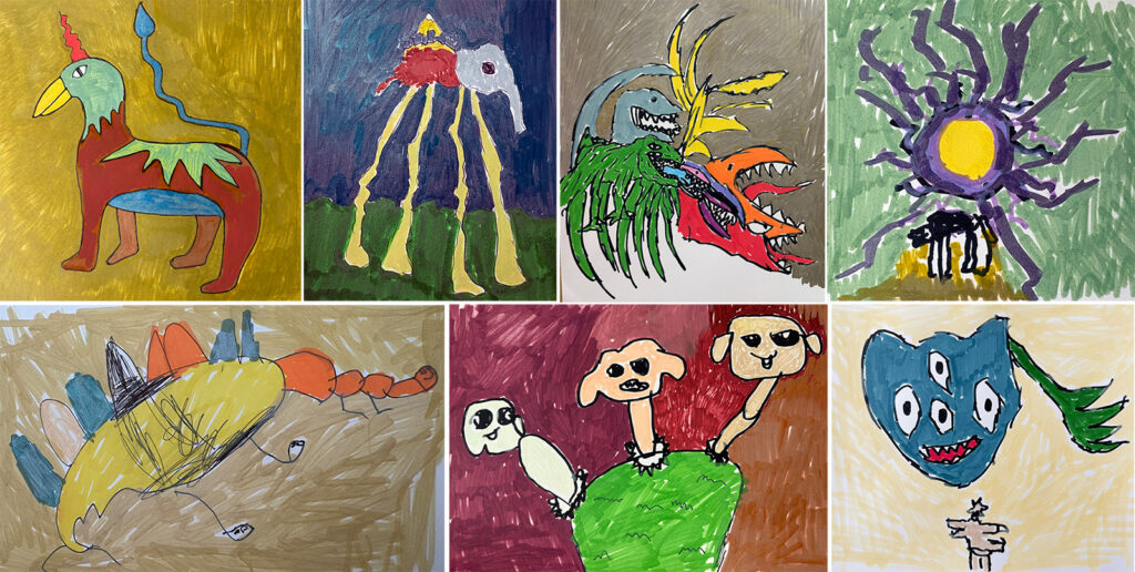 Collage of colorful student artwork from a Medieval Bestiary art lesson, featuring seven original imaginary beasts inspired by Medieval creatures and manuscripts.