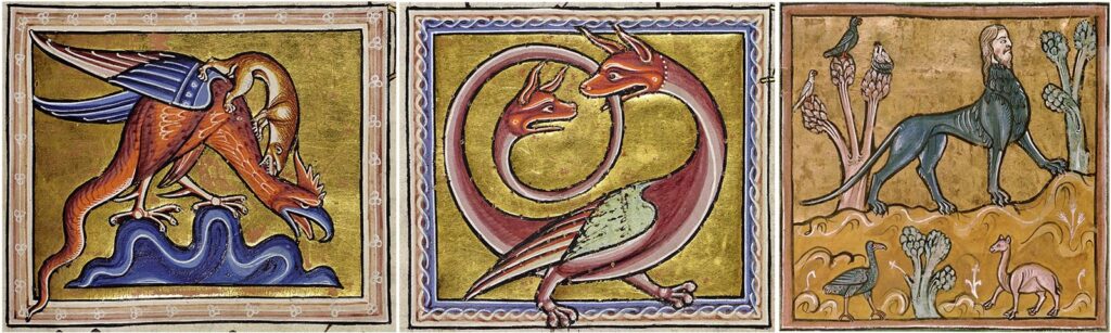 Medieval bestiary illustrations of a Basilisk, two-headed Amphisbaena, and Manticore from historical illuminated manuscripts.