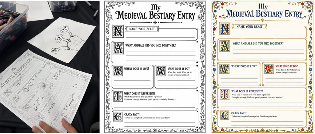 Medieval Bestiary Entry activity showing a student completing the worksheet alongside the printable black-and-white and full-color versions for creating an imaginary Medieval beast.