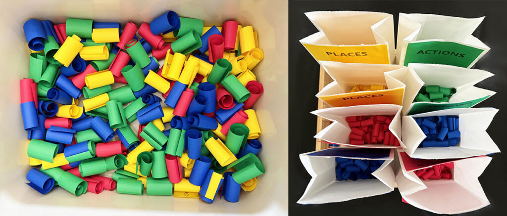 Color-coded Surrealism Mystery Drawing prompt cards curled and sorted into labeled bags for Objects, Animals, Actions, and Places.