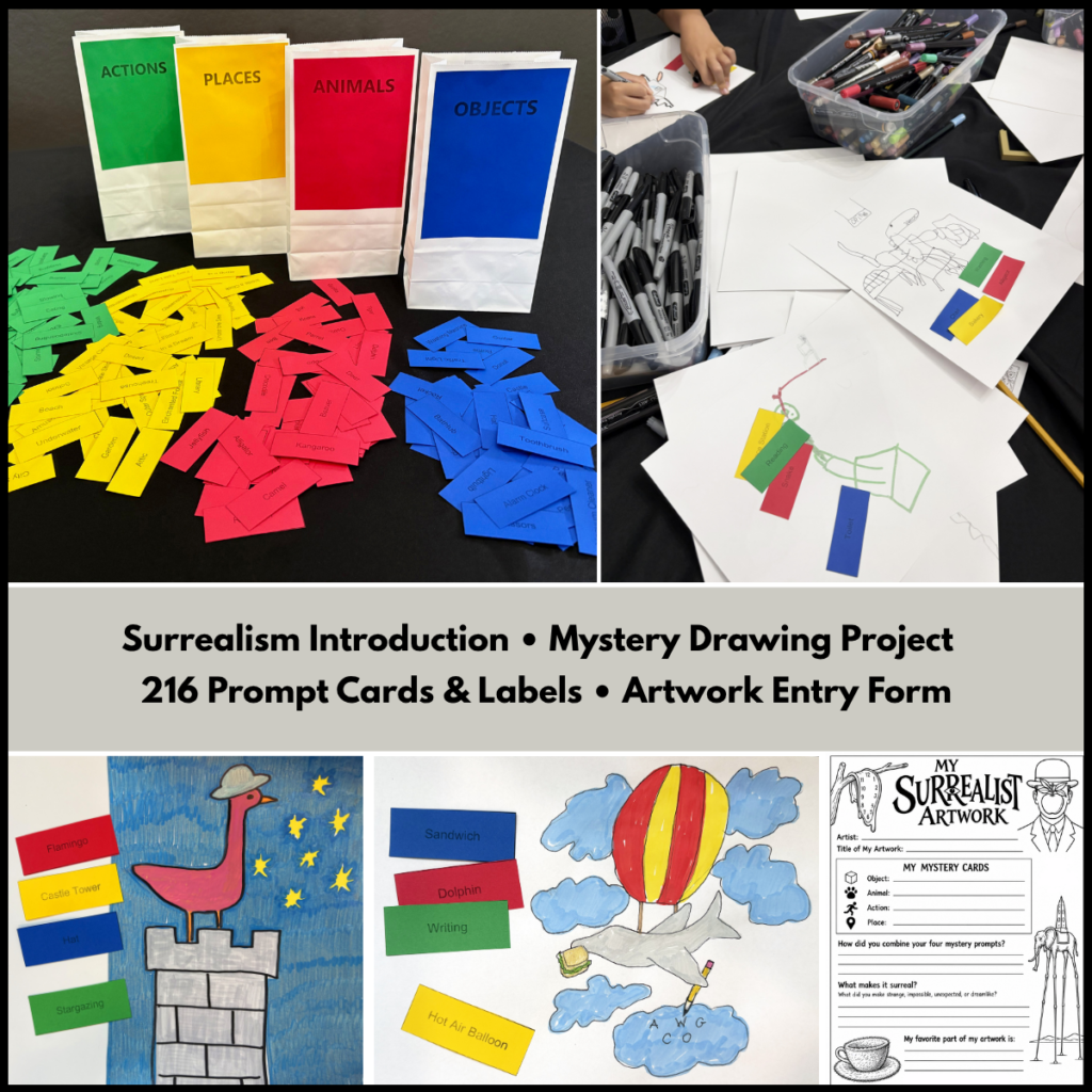 Surrealism Mystery Drawing Project preview showing 216 color-coded prompt cards, classroom activity, student artwork examples, and printable artwork entry form.