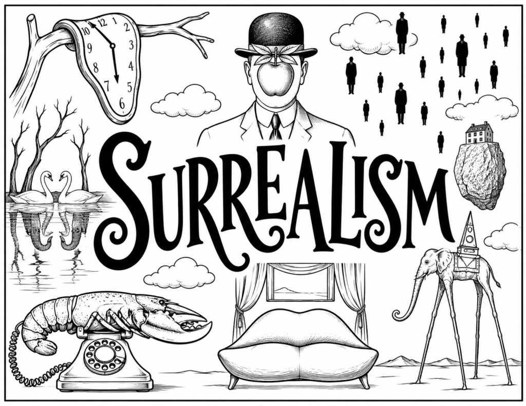 Black-and-white Surrealism display sign with dreamlike imagery, included with the Surrealism Mystery Drawing Project.