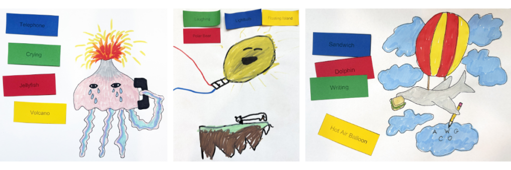 Student Surrealism Mystery Drawing Project examples combining random Object, Animal, Action, and Place prompt cards into imaginative artworks.