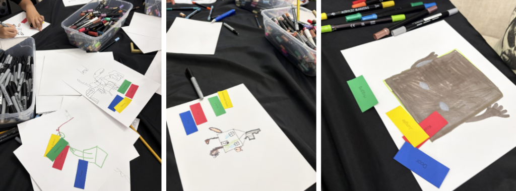 Students creating Surrealism Mystery Drawing Project artworks with their four color-coded prompt cards and assorted drawing materials.