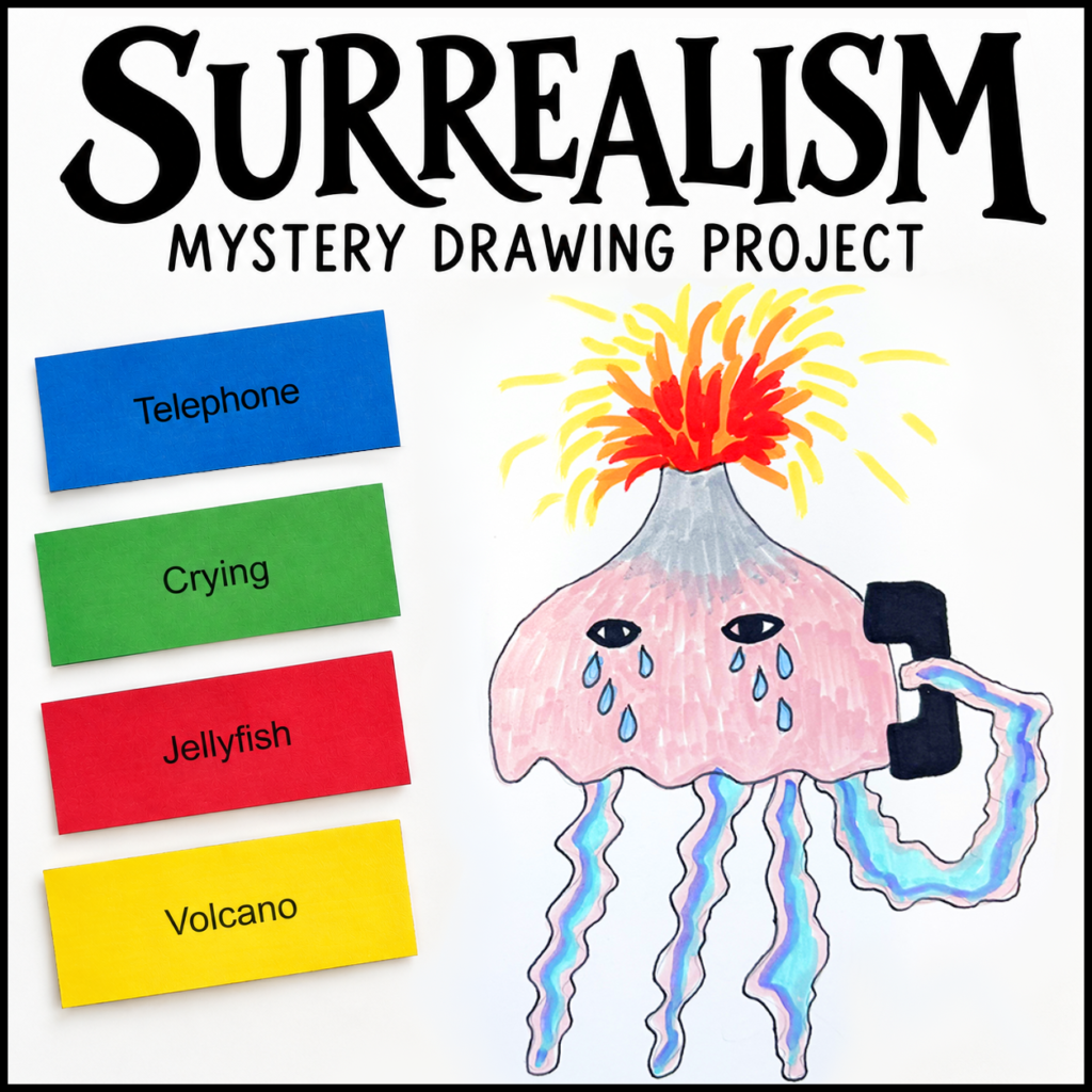 Surrealism Art Project Mystery Drawing activity with color-coded Telephone, Crying, Jellyfish, and Volcano prompt cards and student artwork.
