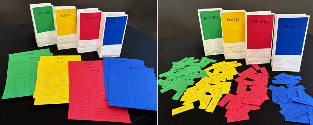 Surrealism Mystery Drawing Project with color-coded Objects, Animals, Actions, and Places prompt cards, shown before and after cutting.