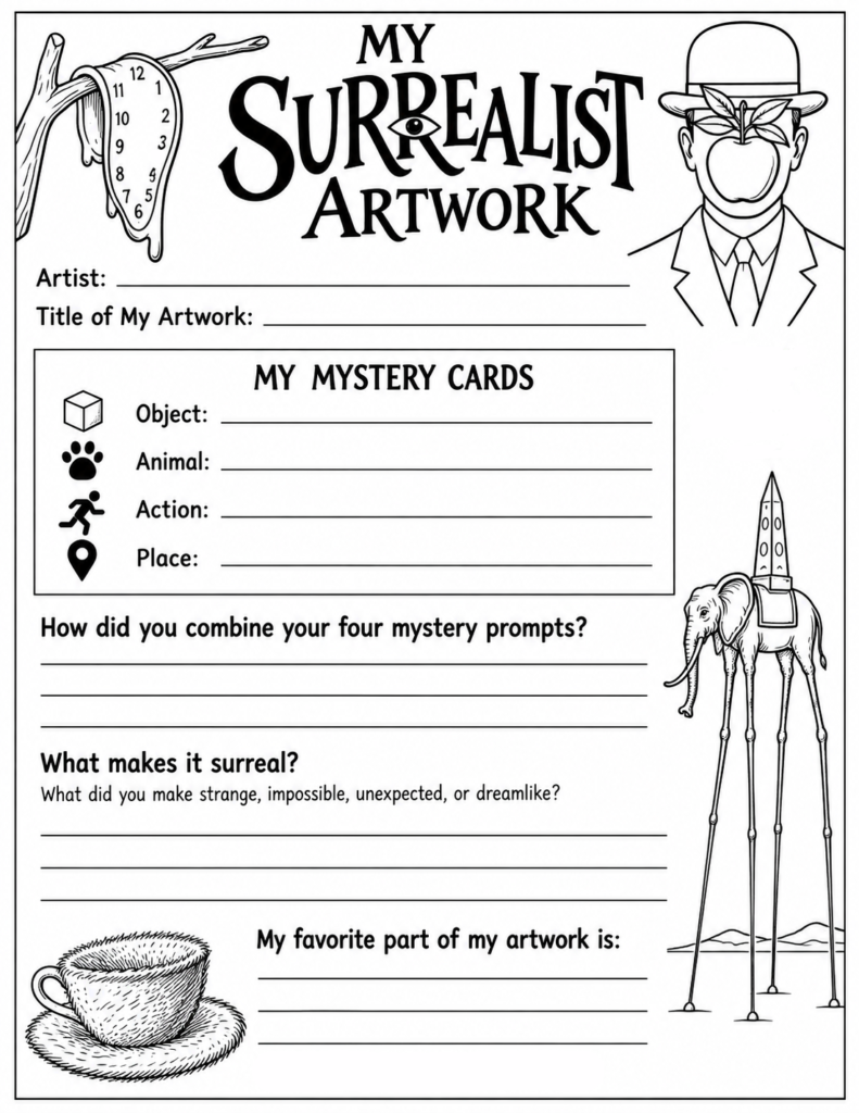 Printable Surrealist Artwork Entry Form for students to record their four Mystery Cards and reflect on their finished Surrealism art project.