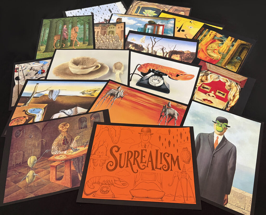 Printed Surrealist artwork examples with a Surrealism display sign, used to introduce students to Surrealism before the Mystery Drawing Project.