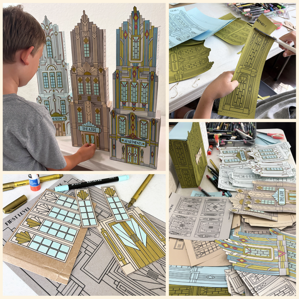 Art Deco 3D Architecture Project preview showing a student assembling paper skyscrapers, printable building templates, windows, doors, and finished architectural pieces.