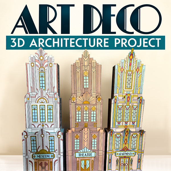 Three completed paper skyscrapers from the Art Deco 3D Architecture Project, featuring colourful geometric façades and decorative architectural details.