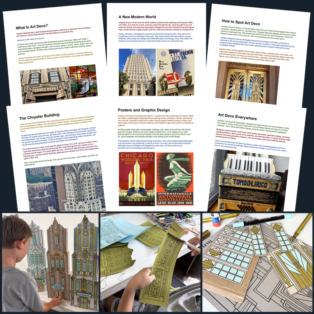 Art Deco Art History Lesson preview showing lesson pages, historical architecture and design examples, 3D skyscrapers, printable templates, and the project being assembled.